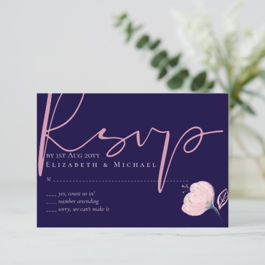 ネイビーブルー ブラッシュピンク ローズゴールド ウェディング 予算 出欠カード (スタンド正面)