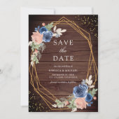 ネイビーブルー ブラッシュピンク ローズ バルンウッド ウェディング セーブザデート (正面)