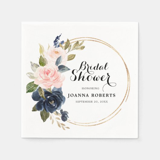 ネイビーブルー ブラッシュピンク ローズ ボタニカル スタンダードカクテルナプキン (正面)