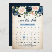 ネイビーブルー ブラッシュピンク ローズ ボタニカル セーブ・ザ・デート (正面/裏面)