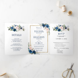 ネイビーブルー ブラッシュピンク ローズ ボヘミアンスタイルの幾何学的な結婚式 三つ折り案内状