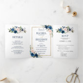 ネイビーブルー ブラッシュピンク ローズ ボヘミアンスタイルの幾何学的な結婚式 三つ折り案内状 (内部)
