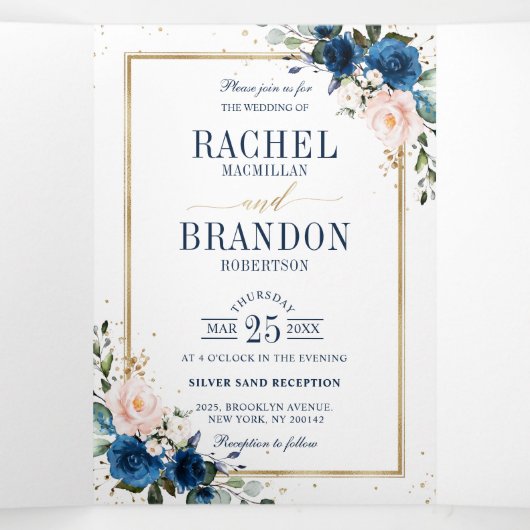 ネイビーブルー ブラッシュピンク ローズ ボヘミアンスタイルの幾何学的な結婚式 三つ折り案内状 (内部中)