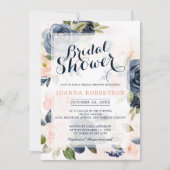 ネイビーブルー ブラッシュピンク ローズ ボヘミア ブライダルシャワー 招待状 (正面)