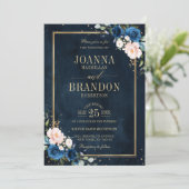 ネイビーブルー ブラッシュピンク ローズ ボヘミア 幾何学 ウェディング 招待状 (スタンド正面)