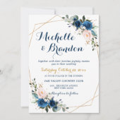 ネイビーブルー ブラッシュピンク ローズ ボヘミア 幾何学 ウェディング 招待状 (正面)