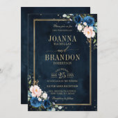 ネイビーブルー ブラッシュピンク ローズ ボヘミア 幾何学 ウェディング 招待状 (正面/裏面)