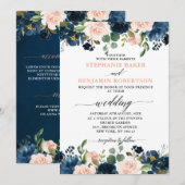 ネイビーブルー ブラッシュピンク ローズ ボーホー ウェディング 招待状 (正面/裏面)