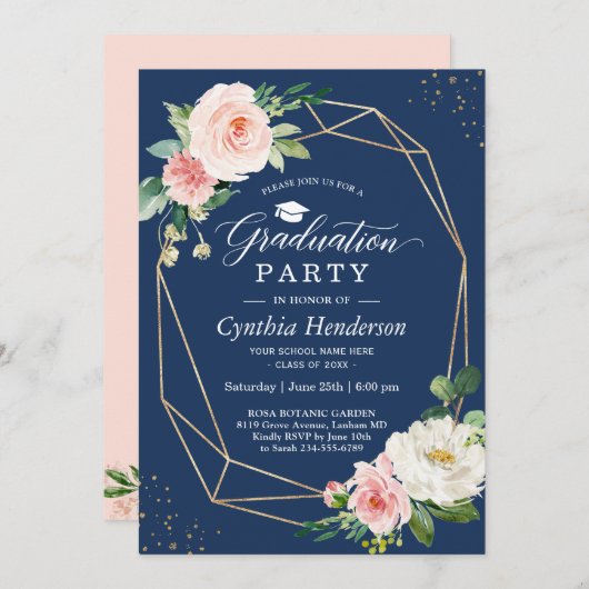 ネイビーブルー ブラッシュピンク 花柄 幾何学模様 卒業 招待状 (正面/裏面)