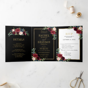 ネイビーブルー ブラッシュ バーガンディー ゴールド ジオメトリック ウェディング トリ 三つ折り案内状