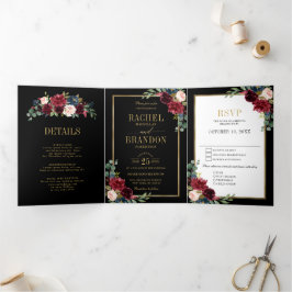 ネイビーブルー ブラッシュ バーガンディー ゴールド 幾何学模様 ウェディング トリ 三つ折り案内状