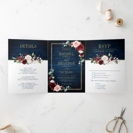 ネイビーブルー ブラッシュ バーガンディ ゴールド ジオメトリック ウェディング トリ 三つ折り案内状 (内部)