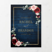 ネイビーブルー ブラッシュ バーガンディ ゴールド ジオメトリック ウェディング トリ 三つ折り案内状 (カバー)