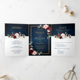 ネイビーブルー ブラッシュ バーガンディ ゴールド 幾何学 ウェディング トリ 三つ折り案内状