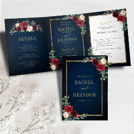 ネイビーブルー ブラッシュ バーガンディ ゴールド 幾何学 ウェディング トリ 三つ折り案内状