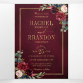 ネイビーブルー ブラッシュ バーガンディ ゴールド 幾何学 ウェディング トリ 三つ折り案内状 (内部中)