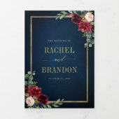 ネイビーブルー ブラッシュ バーガンディ ゴールド 幾何学 ウェディング トリ 三つ折り案内状 (カバー)