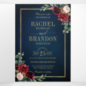 ネイビーブルー ブラッシュ バーガンディ ゴールド 幾何学 ウェディング トリ 三つ折り案内状 (内部中)