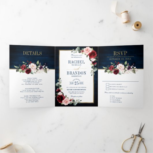 ネイビーブルー ブラッシュ バーガンディ ゴールド 幾何学 ウェディング トリ 三つ折り案内状 (内部)