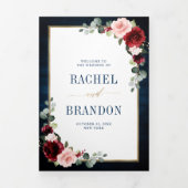 ネイビーブルー ブラッシュ バーガンディ ゴールド 幾何学 ウェディング トリ 三つ折り案内状 (カバー)