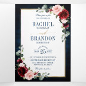 ネイビーブルー ブラッシュ バーガンディ ゴールド 幾何学 ウェディング トリ 三つ折り案内状 (内部中)