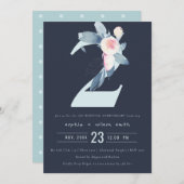 ネイビーブルー ブラッシュ フラワル 2周年 記念 招待状 (正面/裏面)