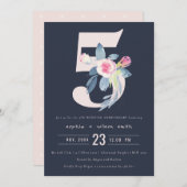 ネイビーブルー ブラッシュ フラワル 5周年記念 毎年 招待状 (正面/裏面)