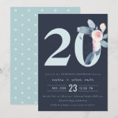 ネイビーブルー ブラッシュ フラワーパターン 20周年記念 招待状 (正面/裏面)