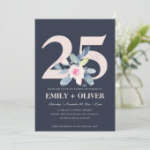ネイビーブルー ブラッシュ フラワール 25周年 記念 招待状 (スタンド正面)