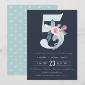 ネイビーブルー ブラッシュ フラワール 5周年記念 毎年 招待状 (正面/裏面)