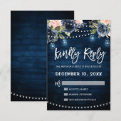 ネイビーブルー ブラッシュ フローラル ラスティック ストリング ライト  出欠確認 出欠カード (正面/裏面)