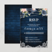 ネイビーブルー ブラッシュ フローラル ラスティック ストリング ライト  出欠連絡お願いします 出欠カード (正面/裏面)