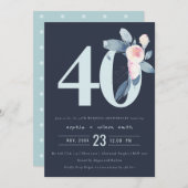 ネイビーブルー ブラッシュ フローラル 40周年 記念年 招待状 (正面/裏面)