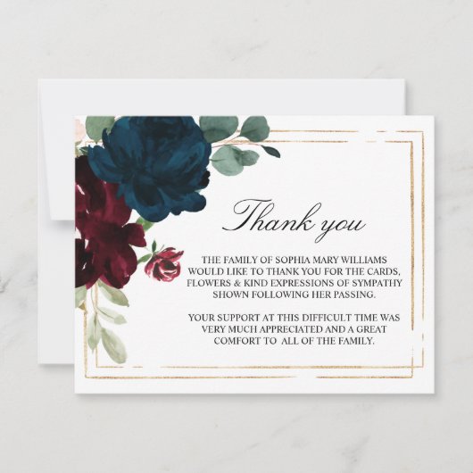 ネイビーブルー&ブルゴーニュバラ葬式ありがとうご注意 サンキューカード (正面)