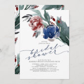 ネイビーブルー&ブルゴーニュフローラエレガントブライダルシャワー 招待状 (正面/裏面)