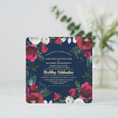 ネイビーブルー |ブルゴーニュ赤開花結婚式招待状 招待状 (スタンド正面)