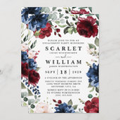 ネイビーブルー&ブルゴーニュ赤面ピンク婚約パーティ 招待状 (正面/裏面)