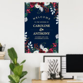 ネイビーブルー |ブルゴーニュ開花結婚のウェルカムサイン ポスター (ホームオフィス)