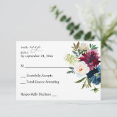 ネイビーブルー、ブルゴーニュ&ホワイトフローラの食事RSVP 出欠カード (スタンド正面)