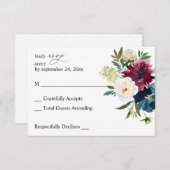 ネイビーブルー、ブルゴーニュ&ホワイトフローラの食事RSVP 出欠カード (正面/裏面)
