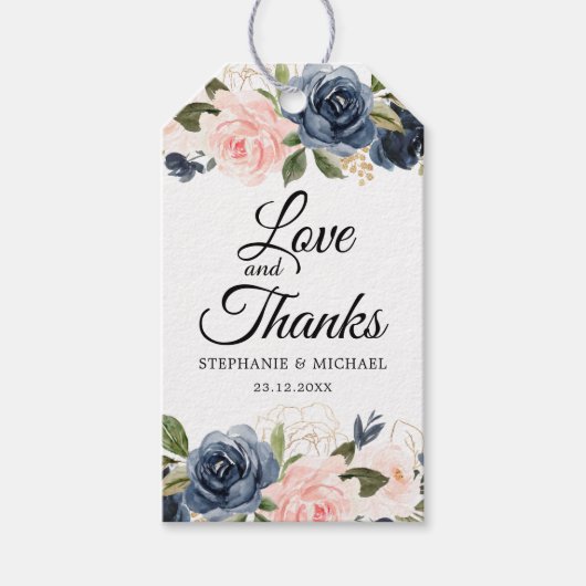 ネイビーブルー ブルッシュピンク ローズ ボタニカル ギフトタグ (正面)