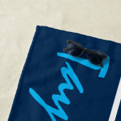 ネイビーブルー、ブルー、ホワイトストライプの名前をカスタムする ビーチタオル (インサイチュ)