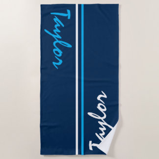 ネイビーブルー、ブルー、ホワイトストライプの名前をカスタムする ビーチタオル