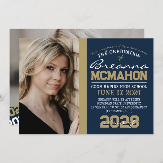 ネイビーブルー&ブロンズ卒業2写真発表 招待状 (正面/裏面)