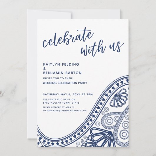ネイビーブルー ペイズリー レセプションのみでお祝いしよう 招待状 (正面)