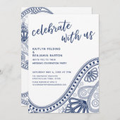 ネイビーブルー　ペイズリー　レセプションのみでお祝いしよう 招待状 (正面/裏面)