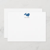 ネイビーブルー ホエール キッズ パーソナライズ ステーショナリー フラット ノートカード (正面/裏面)