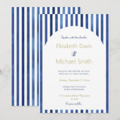 ネイビーブルー＆ホワイトのストライプ コースト・ナウティカル・デザイン 招待状 (正面/裏面)