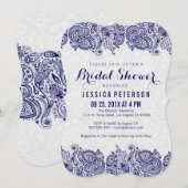 ネイビーブルー＆ホワイトの女の子らしいペイズリーのレース 招待状 (正面/裏面)