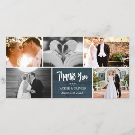 ネイビーブルー&ホワイトの結婚フォトコラージュありがとう サンキューカード